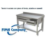 Tavolo in acciaio con piano di fondo, cassetti e alzatina