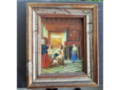Quadro in  miniatura  riproduzione famoso  “Interno casa olandese , donna che beve con due uomini e 