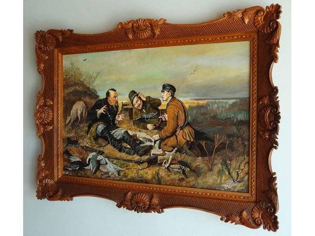 "Cacciatori a riposo", Vasily Perov, pittura, colori ad olio, cornice in legno intagliato, noce - 1/1