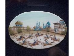 Miniatura persiana giocatori di polo pittura ovale su lastra in osso anni '50