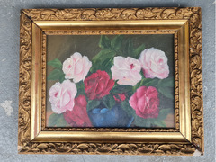 Quadro a Olio  su tavola    Natura Morta Con Rose  in  Vaso  anonimo in cornice anni '70